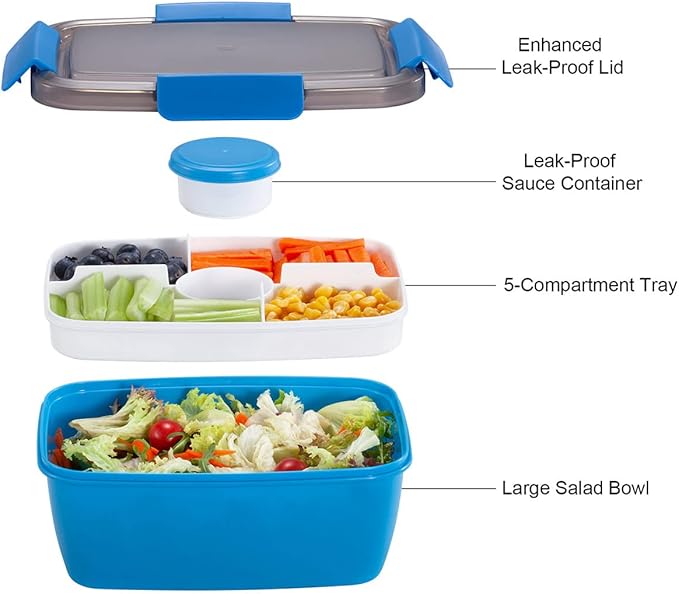 Caperci Salad Lunch Container with 68 oz Salad Bowl - Large Adult Bento Lunch Box, 5-Compartment Bento-Style Tray for Toppings, 2pcs 3-oz Sauce Cups for Dressings, Stackable, BPA-Free (Blue)