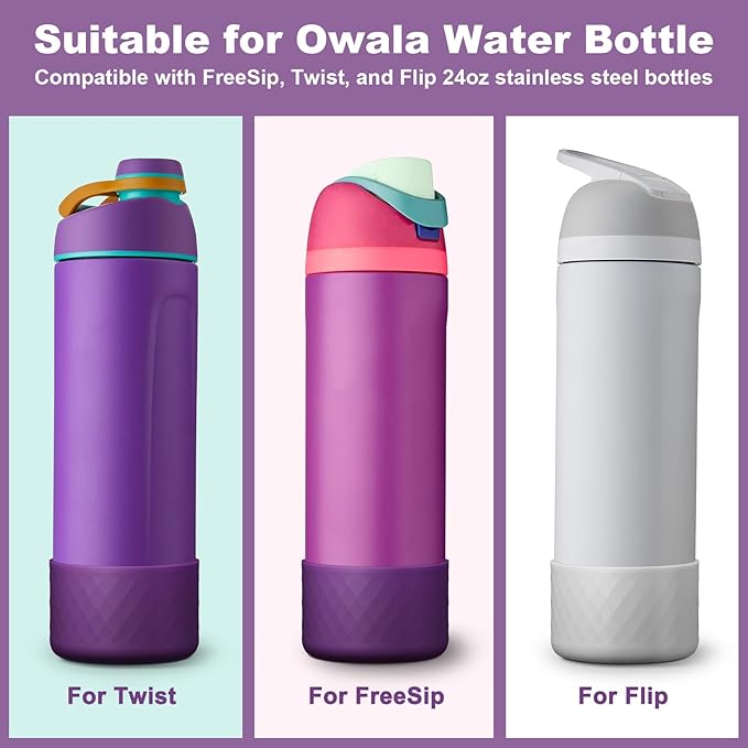 2PCS Silicone Water Bottle Boot for Owala 24oz, Protective Bottom Bumper Anti-Slip Sleeve for FreeSip, Twist, and Flip Stainless Steel Bottles, Dishwasher Safe and BPA Free