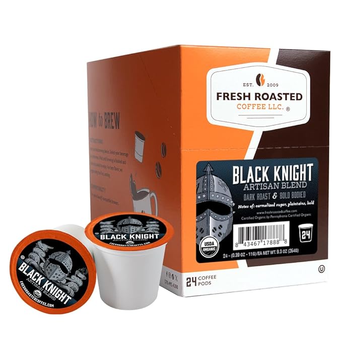 Fresh Roasted Coffee, Organic Black Knight | USDA Organic, Kosher | Dark Roast 24 Pods for K Cup Brewers