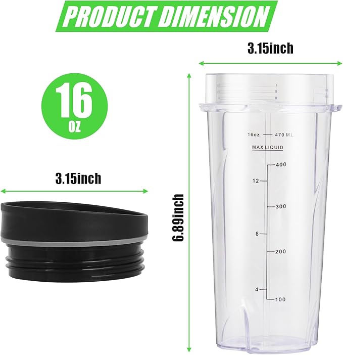 Upgrade 2 Pack 16oz QB3001SS Replacement Cups Compatible with Ninja Fit Compact Personal Blender, Replacement for Ninja Blender Cups with Scale and Sealing Cap…