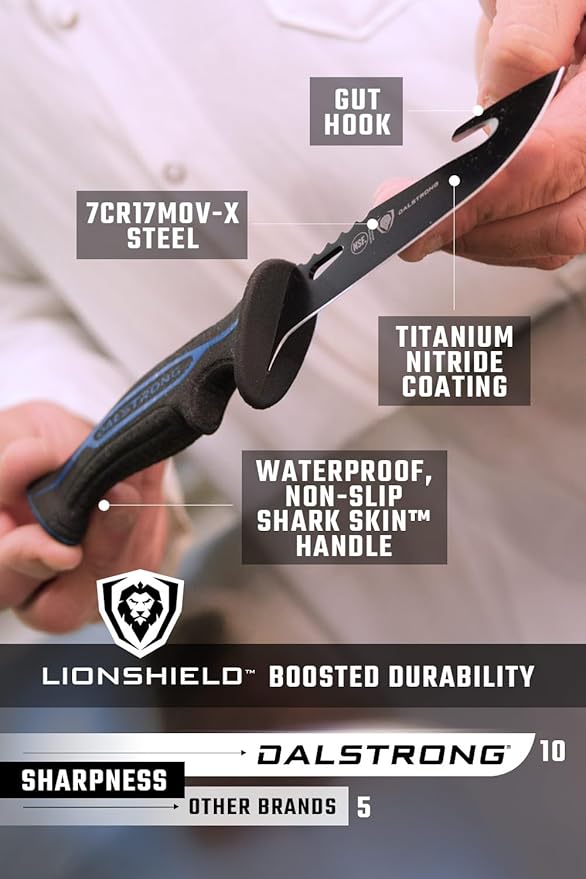 Dalstrong Gut Hook Fish Knife for Filleting and Cleaning - 5” - Night Shark Series - 7CR17MOV High Carbon Steel - Titanium Coated Blade- Polypropylene Handle - w/Sheath - NSF Certified