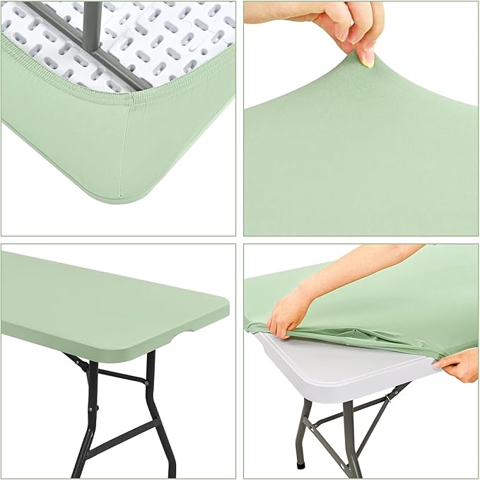 6 Pack Stretch Fabric Table Top Cap Cover, fits 6' Tables, Spandex Table Covers Washable Elastic Rectangle Tablecloth Protector for Indoor Outdoor Party Picnic Wedding, Sage Green, 30" W x 72" L