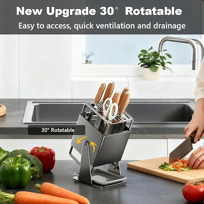 Knife Block Stainless Steel, 30° Rotatable Knife Block 9-Slot Universal Knife Holder,Knives Holder for Kitchen Knives Countertop Storage (Gun Grey)