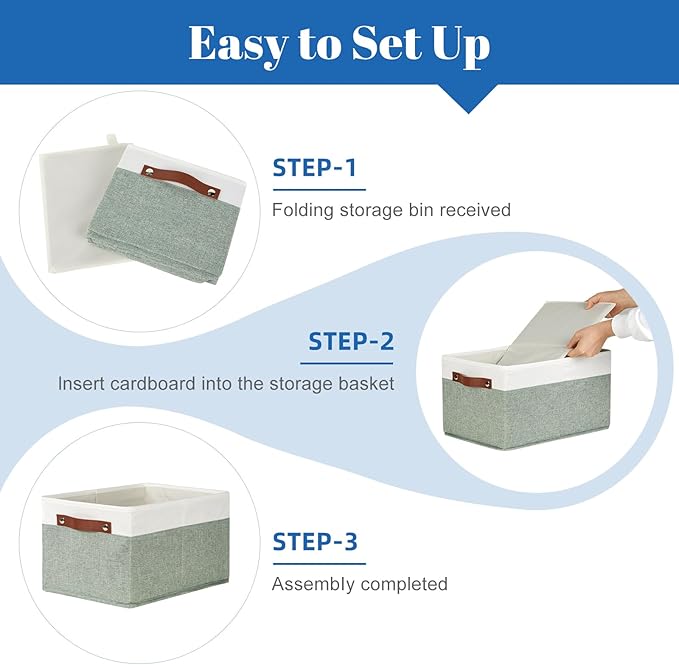 Temary Storage Bins Storage Baskets 4Pack Fabric Storage Bins for Shelves with Dual Leather Handles Canvas Storage Boxes for Organizing Home, Shelf, Closet (White&Green)