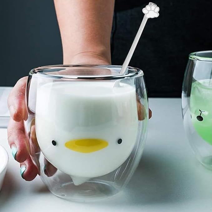 Duck Mug Cute Mugs Glass Double Wall Insulated Glass Espresso Cup, Coffee Cup, Tea Cup, Milk Cup,Kawaii Gift for Office and Personal Birthday Christmas (Duck)
