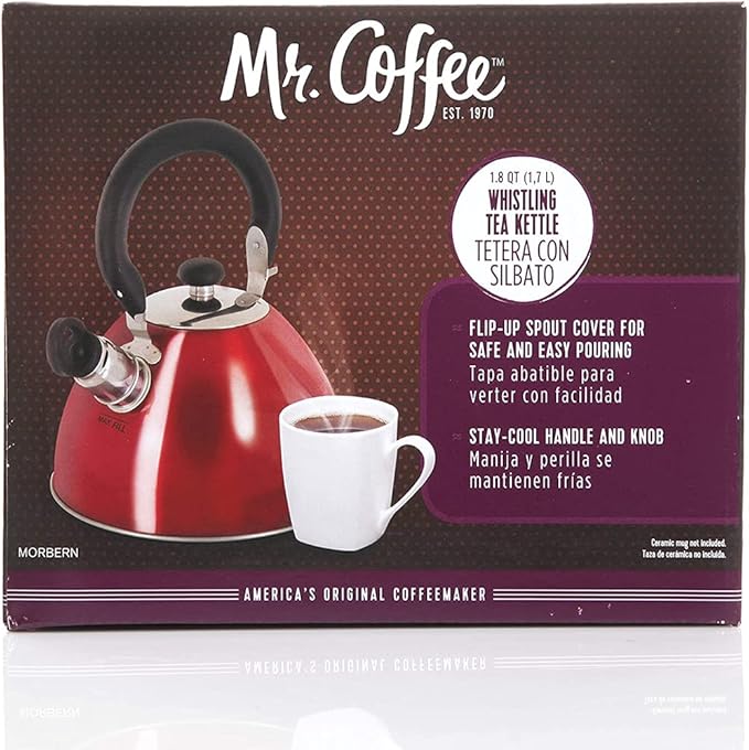 Mr. Coffee Morbern 1.8 Quart Stainless Steel Whistling Tea Kettle, Red