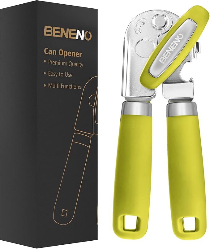 Beneno Heavy Duty Hand Can Opener Manual with Magnet, Durable Sharp Carbon Steel Blade Smooth Cutting, Big Effort-Saving Knob & Soft Grip Handle, Multifunctional Bottle Opener, Lime Green