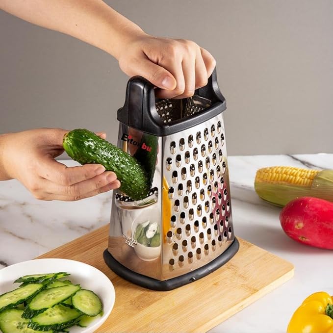 Multifunctional Stainless Steel Grater Slicer with Handle, Large 4 Sides Cutter for Ginger, Garlic, Cucumbers, Carrots, Cheese, Potato，Dishwasher Safe （Black）