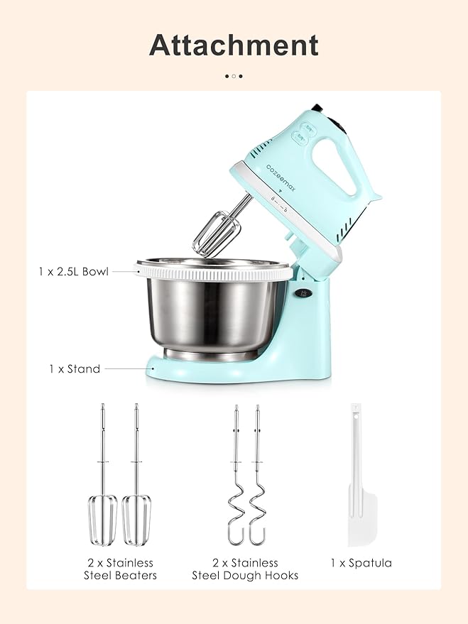 2 in 1 Hand Mixers Kitchen Electric Stand mixer with bowl 3 Quart, electric mixer handheld for Everyday Use, Dough Hooks & Mixer Beaters for Frosting, Meringues & More (Aqua)