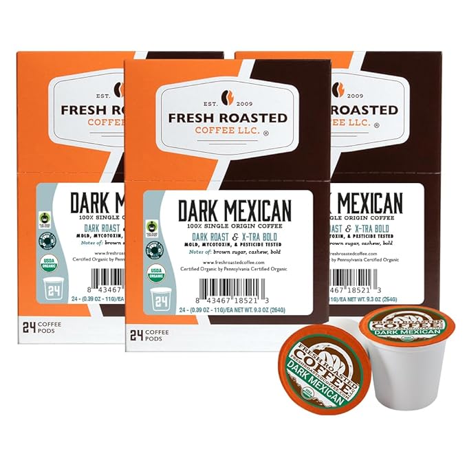 Fresh Roasted Coffee, Organic Dark Mexican | Mold & Myco 3rd Party Tested, USDA Organic, Kosher | Dark Roast 72 Pods for K Cup Brewers