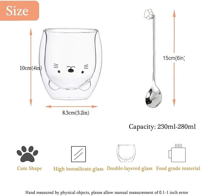 Cat Mug Cute Mugs Glass Double Wall Insulated Glass Espresso Cup, Kawaii Cup, Coffee Cup, Tea Cup, Milk Cup, Best gift for Office and Personal Birthday Christmas (Cat)