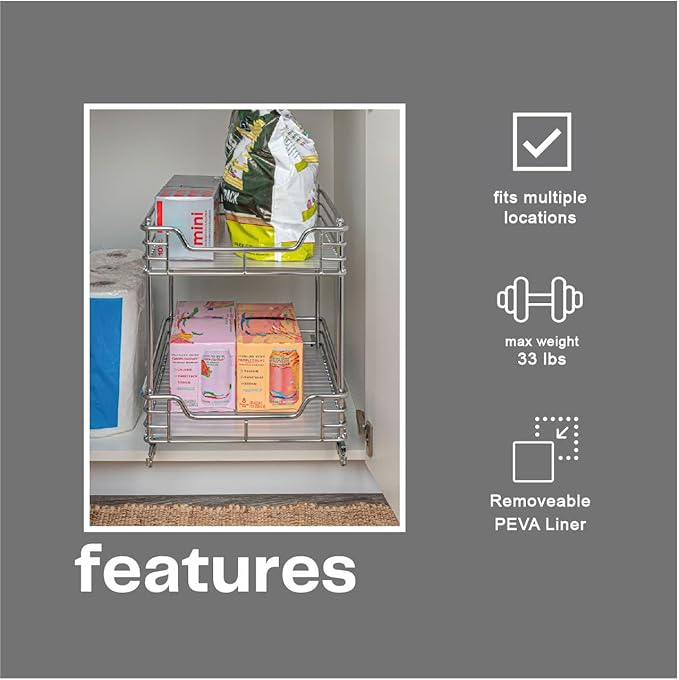 Household Essentials Glidez Chrome-Plated Steel Pull-Out/Slide-Out Storage Organizer with Plastic Liners for Under Cabinet Use - 2-Tier Design - Fits Standard Size Cabinet or Shelf, Chrome