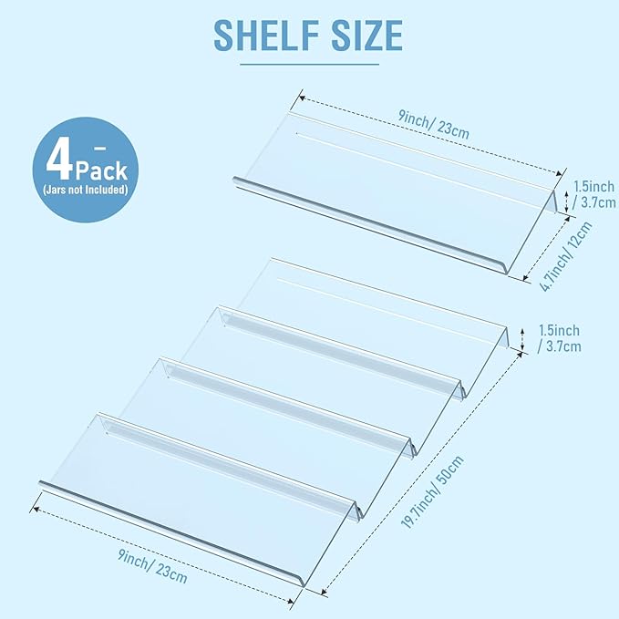 Spice Drawer Organizer 4 Tier, Acrylic Seasoning Organizer Rack, Clear Spice Rack Tray, Kitchen Seasoning Jars Drawers Insert (Jars Not Included/Expandable From 9" to 18")