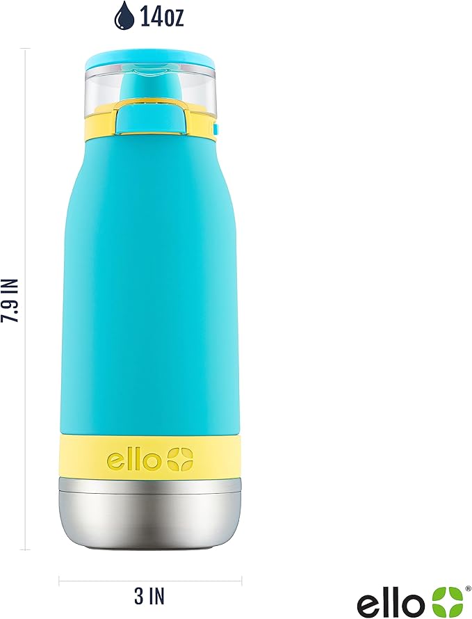 Ello Emma 14oz Vacuum Insulated Stainless Steel Kids Water Bottle with Straw and Built-in Carrying Handle and Leak-Proof Locking Lid for School Backpack, Lunchbox and Outdoor Sports