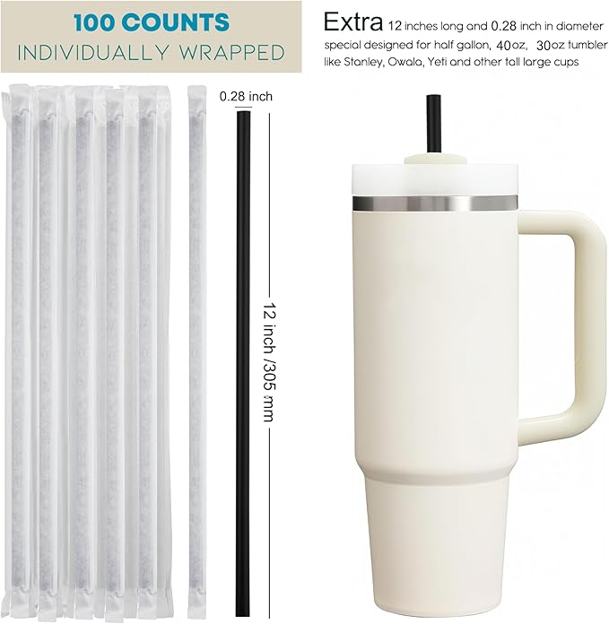 ALINK 100 Pcs Long Disposable Straws for Stanley 40 oz 30 oz Tumbler, 12 inch Black Plastic Straws for Stanley, Owala, Yeti 40 OZ 30 OZ Cup, Individually Wrapped
