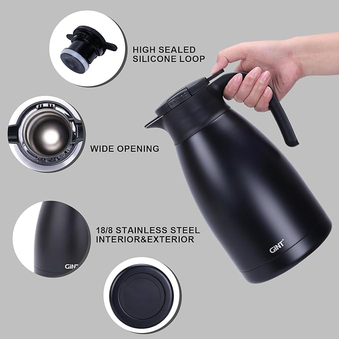 GiNT 2.2L / 74Oz Thermal Coffee Carafe, Insulated Stainless Steel Coffee Carafes for Keeping Hot/Double Walled Vacuum Thermal Carafe (Black)
