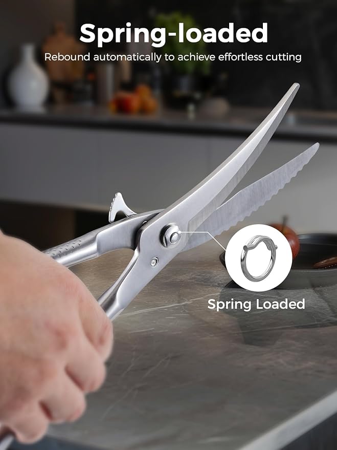 Full Steel Poultry Shears Heavy Duty, Professional Bone Cutting Scissors for Chicken, Meat, Turkey & Fish, Sharp & Durable Kitchen Shears, Dishwasher Safe