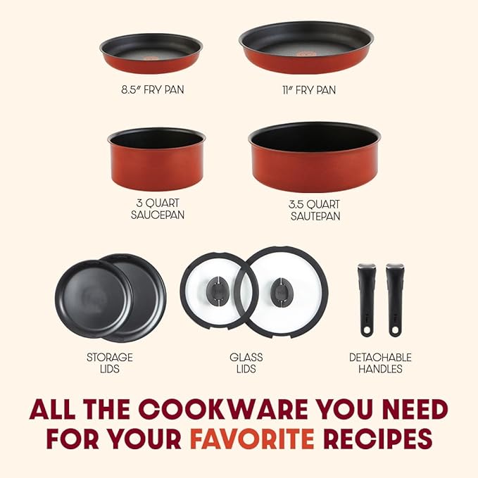 T-fal Ingenio Nonstick Cookware Set 10 Piece, Induction, Oven Broiler Safe 500F, Cookware, Pots and Pans, RV, Camping, Oven, Broil, Dishwasher Safe, Detachable Handle, Red (Pack of 2)