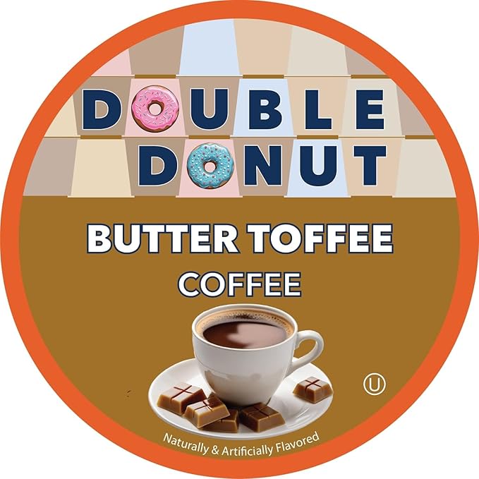 Double Donut Coffee Butter Toffee Flavored Coffee Pods, Medium Roast Coffee, Compatible with Keurig K Cups Brewers, 72 Count