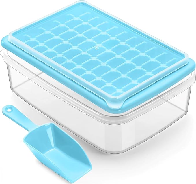 ARTLEO Ice Cube Tray with Lid and Bin for Freezer, Easy Release 55 Trapezium Ice Cube Tray with Cover, Storage Container, Scoop, Flexible Durable Plastic Nugget Ice Cube Mold & Bucket, BPA Free