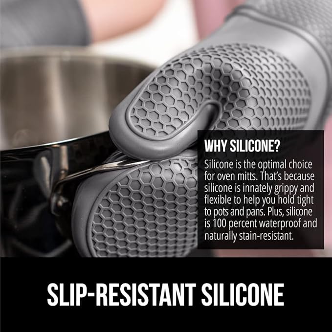 GORILLA GRIP BPA-Free Soft Silicone Oven Mitts, 14.5x8.3, Heat Resistant and Waterproof Cooking Gloves, Thick Cotton Lining, Flexible Gripping for Baking Grilling, Kitchen Potholders Set of 2, Gray