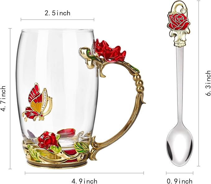 OEAGO Gifts for Women Mom Mothers Tea Cup Best Birthday Butterfly Rose Gifts for Her from Daughter Son Glass Coffee Christmas Enamels Mug Lead-Free with Spoon Set