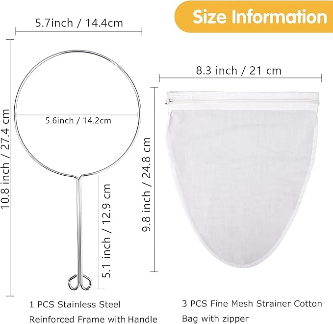 WMKGG Ultra Fine Mesh Strainer Bags, Reusable Mesh Filter Bags with Stainless Steel Handle Frame for Filter NutMilk, Coffee, Milk, Butter, Juices and Fresh Cheese (Small Size)
