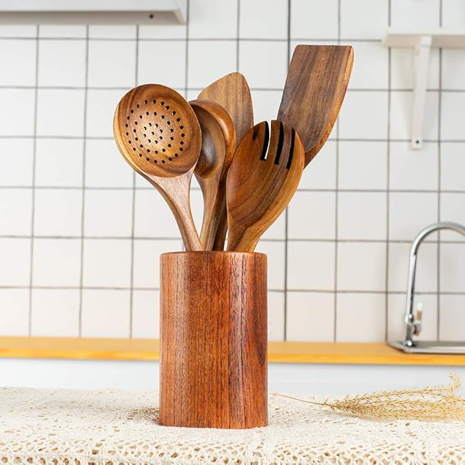 Wood Kitchen Utensils Set, 5 PCs Natural Acacia Wooden Spoons For Cooking for Non-stick Skillet, Utensil set For Cooking With Soup Ladle and Wok Spatulas, Salad fork, Spurtles for Cooking