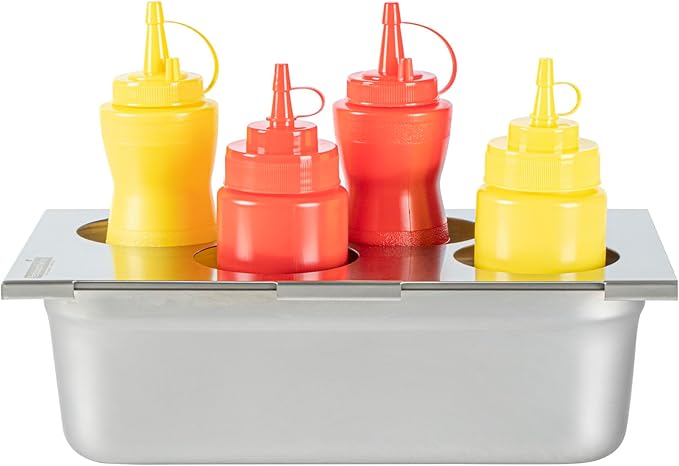 Restaurantware Squeeze Bottle Template Pack of 1 Stainless Steel 4 Hole Holder Top, 3.25" Diameter Fits 1/3 Size Food Pans, Dishwasher Friendly Integrated Lip Design Holder Top for Condiment Bottles
