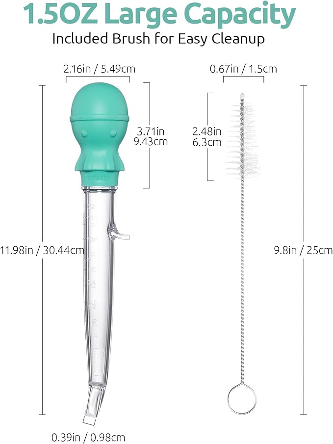 U-Taste 1.5oz Angled Turkey Baster - 228.2℉ Heat Resistant Food Grade Tritan and Silicone Large Octopus Bulb Baster Set with Cleaning Brush for Cooking Basting Meat Poultry Beef Chicken (Aqua Sky)