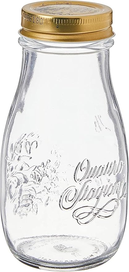 Bormioli Rocco Quattro Stagioni, Glass Canning Jar and Drinking Bottle, 13.5 Oz. with Gold Metal Airtight Lid, Made in Italy.