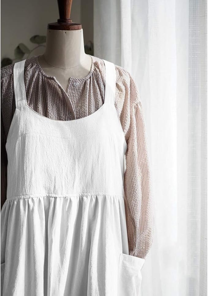 Uaussi Cotton Linen Apron Cross Back Work Apron for Women with Pockets Pinafore Dress X Cross Halter Apron for Chef Gardening