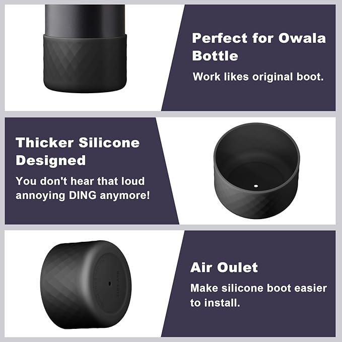 2PCS Silicone Water Bottle Boot for Owala 24oz, Protective Bottom Bumper Anti-Slip Sleeve for FreeSip, Twist, and Flip Stainless Steel Bottles, Dishwasher Safe and BPA Free(Black)