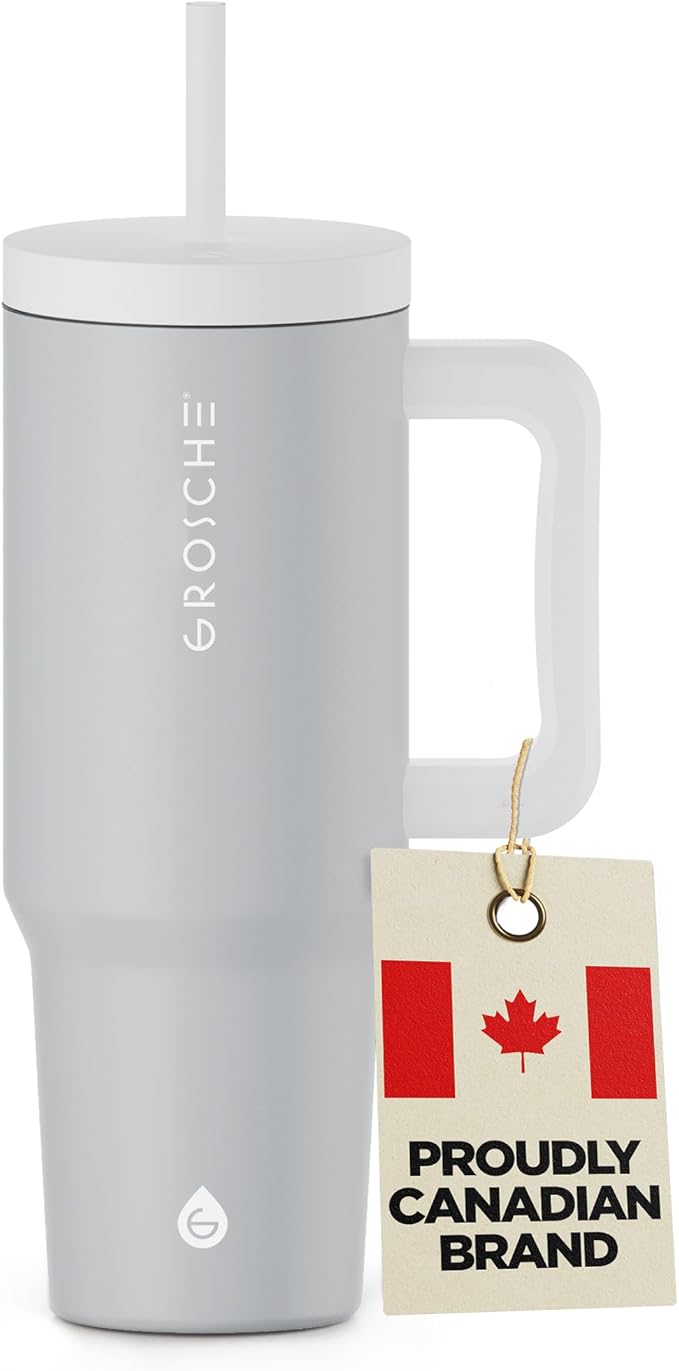 GROSCHE ASPEN 40 oz tumbler with handle and straw. Extreme insulation, classy design, built to last insulated stainless steel tumbler with handle, lid and straw - Lunar Grey