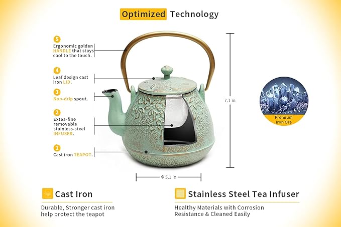 TOPTIER Japanese Teapot with Stainless Steel Infuser, Cast Iron Tea Kettle Stovetop Safe, Leaf Design Coated with Enameled Interior for 32 Ounce (950 ml), Light Green