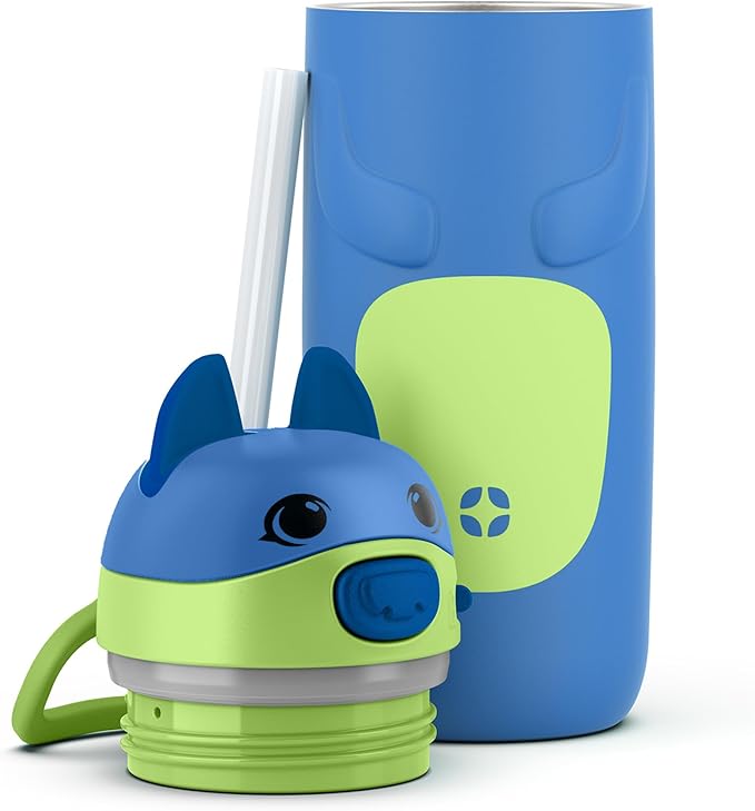 Ello Ellies 12oz Vacuum Insulated Stainless Steel Kids Water Bottle with Straw and Built-in Carrying Handle and Leak-Proof Locking Lid for School Backpack, Lunchbox and Outdoor Sports, Dog