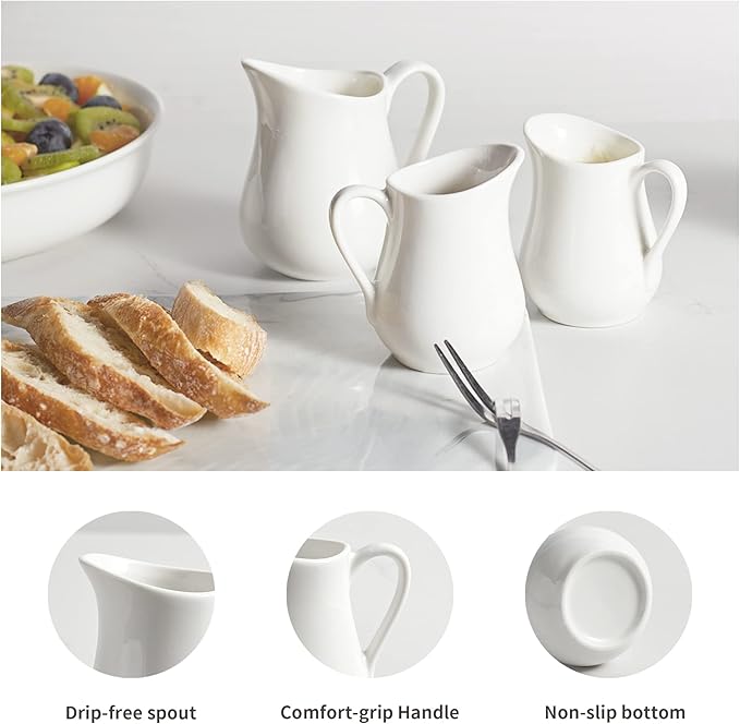 Gurygo 8-oz Creamer with Handle - Small Classic White Fine Porcelain Creamer Pitcher - Small Pitcher for Coffee Milk - Microwave & Freezer Safe