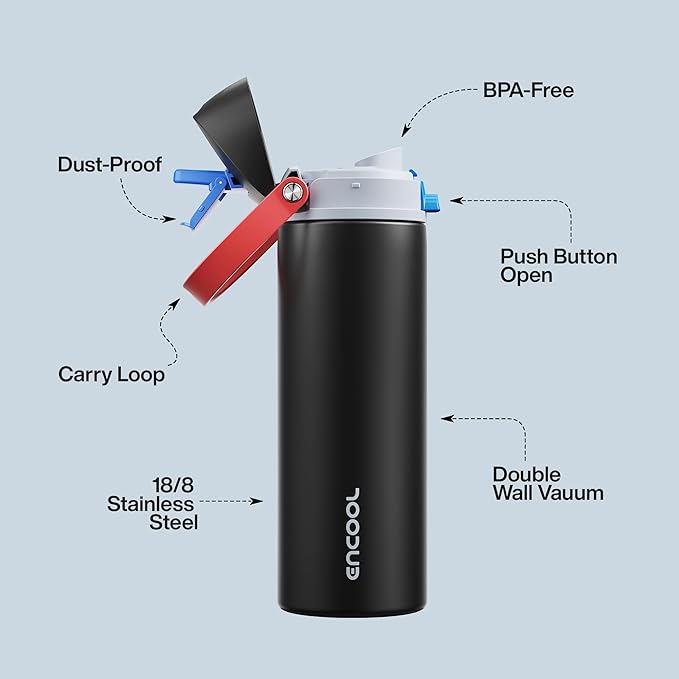 Insulated Water Bottle with Straw - Encool Stainless Steel Water Bottle with Push Button Lid, Leak-Proof & BPA-Free, Keeps Cold for 24 Hours for Sports, Travel, Gym (24 oz, Oil Black)