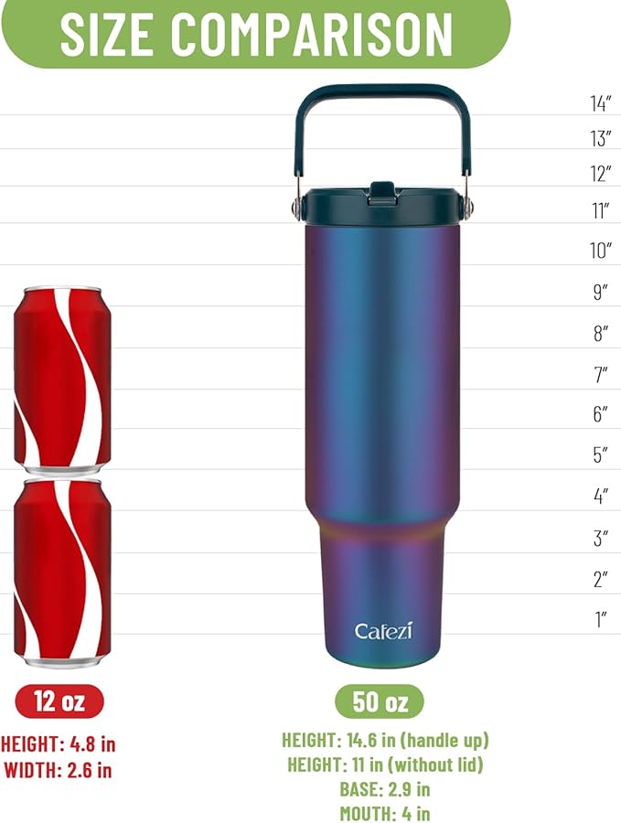 50 oz Tumbler with Handle and Straw, Stainless Steel Water Bottles with Flip Straw and Top Handle, Leak Proof, Fits in Cup Holder, Vacuum Insulated Water Bottle for Home, Office, Hiking, Car