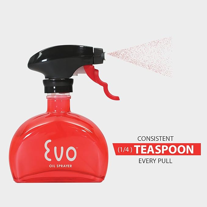 Evo Glass Oil Sprayer Bottle | Non-Aerosol for Olive Oil, Cooking Oils, Vinegars | 6-Oz Capacity | Rotatable Nozzle | Gourmet Cooking Tools - Food-Safe Materials | Red