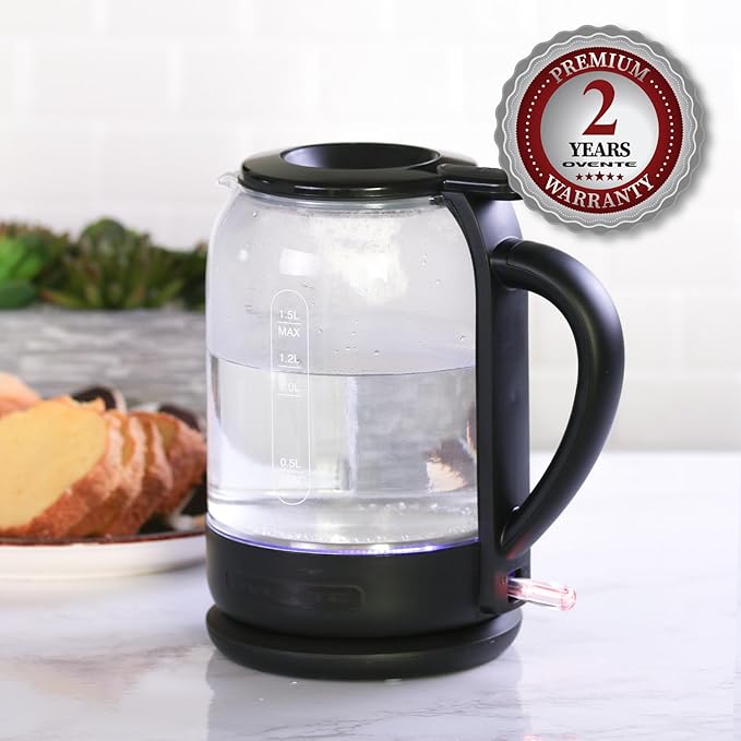 OVENTE Electric Kettle with 1.5L Borosilicate Glass, 1500W Fast Boiling Water Heater for Coffee or Tea, Easy to Fill Lid, Auto Shut-Off, Boil-Dry Protection & Stainless Steel Filter, Black KG516B