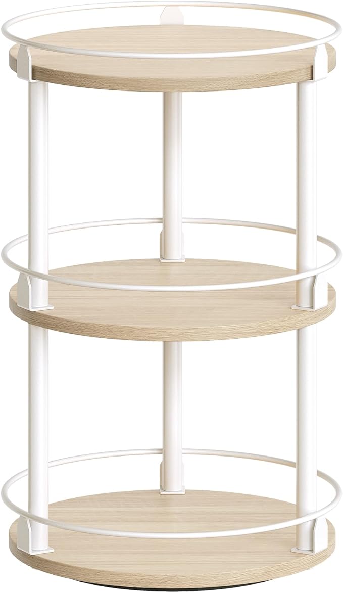 Lazy Susan Organizer, Rotating Spice Rack, 3 Tier Spice Turntable Organizer, Industrial Turntable Spice Holder, for Kitchen Countertop, Compact and Versatile, White and Light Oak SR23WG