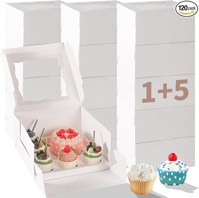 Bento Cake Box With Cupcakes, Clear Window 6 Holes Bento Combination,6 Sets: Cookie Boxes Fit 5 Regular Cupcake and Mini Cakes, Christmas Wedding Birthday Party (White/clear, 1+5/6pcs)