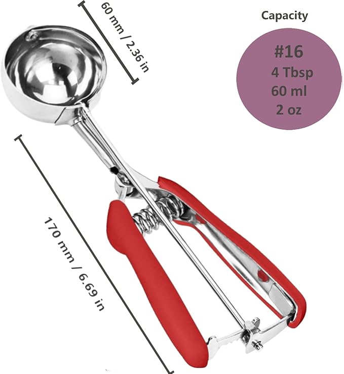 Ice Cream Scoop, 18/8 Stainless Steel Cookie Scoop, Cookie Scoops for Baking, 4 Tbsp/ 60 ml/ 2 oz Cookie Dough Scoop, Ice Cream Scooper with Trigger Release, Cookie Scooper for Baking(Red)