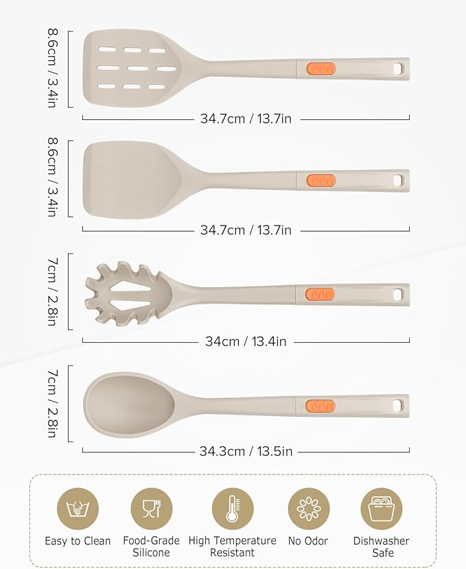 Silicone Spatulas and Spaghetti Spoons, 4 Pack Heat Resistant Full Silicone Cooking Utensils Set, Non Stick Large Kitchen Spatula Spoons for Cooking, Mixing, Serving, Draining