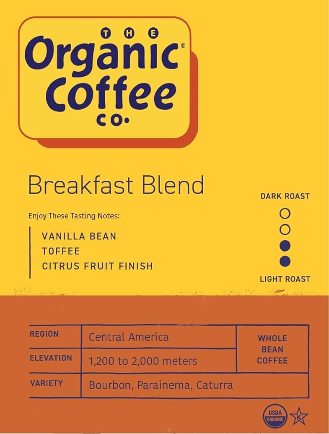 Organic Coffee Co. Breakfast Blend Whole Bean Coffee 2LB (32 Ounce) Medium Light Roast USDA Organic