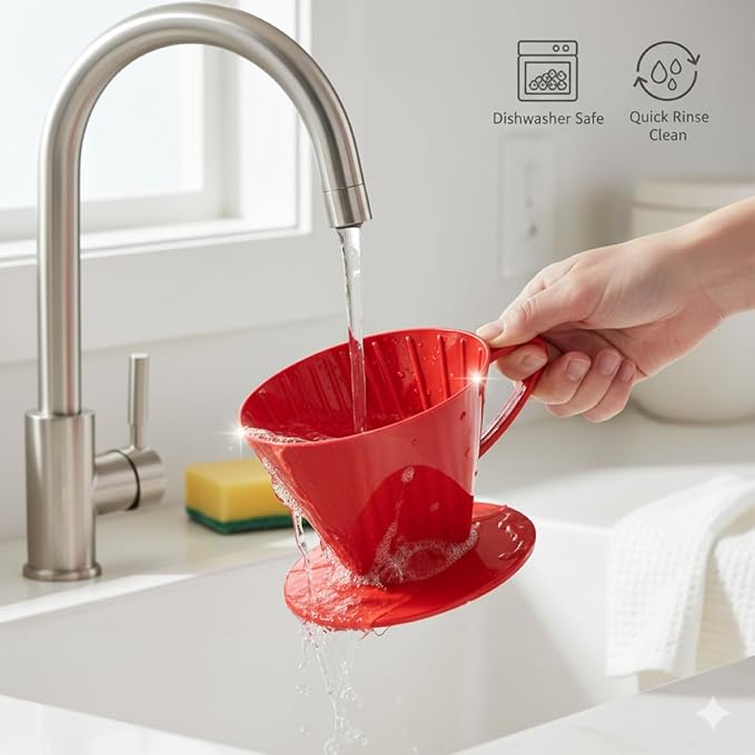 Fino Pour-Over Coffee Brewing Filter Cone, Number 2-Size, Red, Brews 2 to 6-Cups