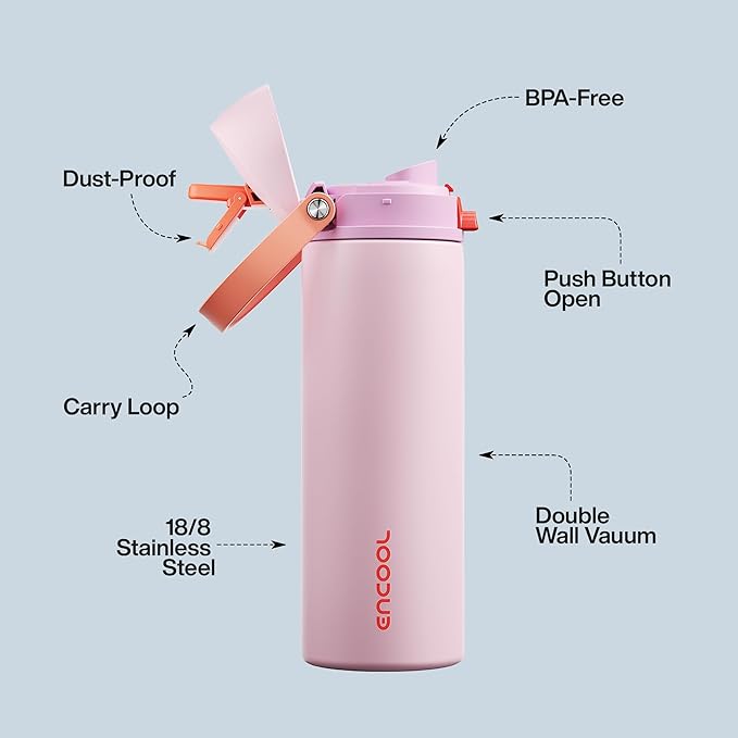 Insulated Water Bottle with Straw - Encool Stainless Steel Water Bottle with Push Button Lid, Leak-Proof & BPA-Free, Keeps Cold for 24 Hours for Sports, Travel, Gym (24 oz, Lily-Red)