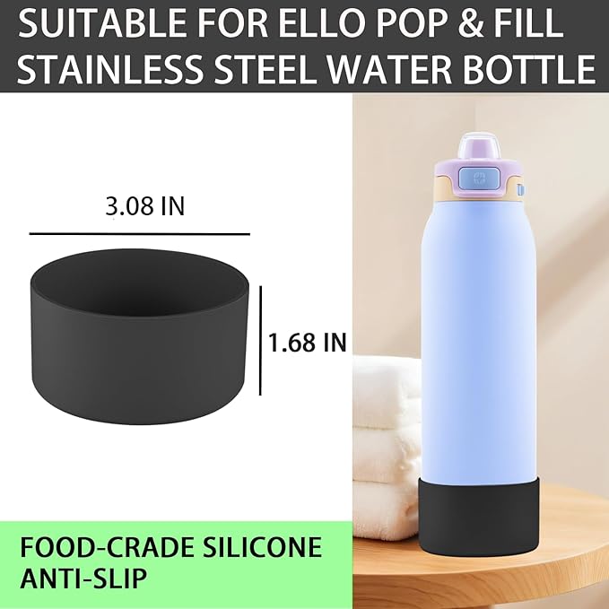 2 PCS Silicone Bottom for Ello Pop 32 OZ Water Bottle, Water Boot for Ello Pop,Avoid Scratches and Noise (Black, 22oz)