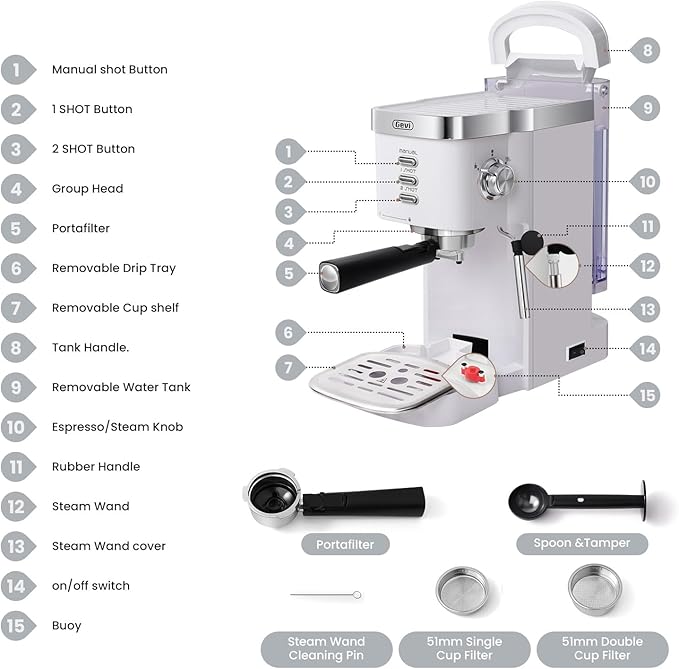Gevi Professional Espresso Machine 20 Bar, Compact Latte & Cappuccino Machine with Milk Frother Steam Wand, Adjustable Shot Volume, White (Ideal Gift Choice)